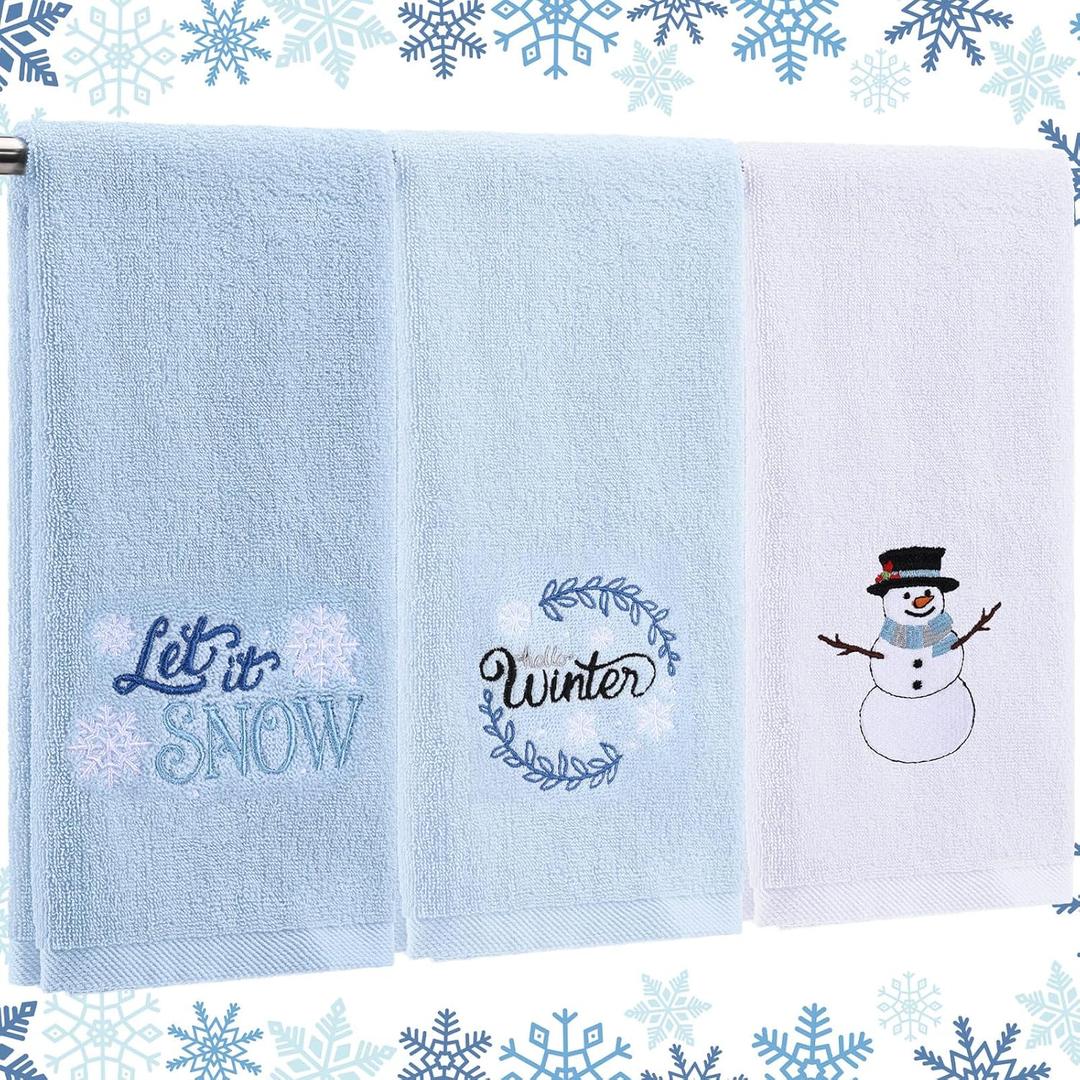 3 Pcs Winter Hand Towels for Bathroom Winter Blue Snowflake Hand Towels Snowman Embroidered 100% Cotton Soft Absorbent Decor for Holiday Kitchen, 13.8 x 29.5'