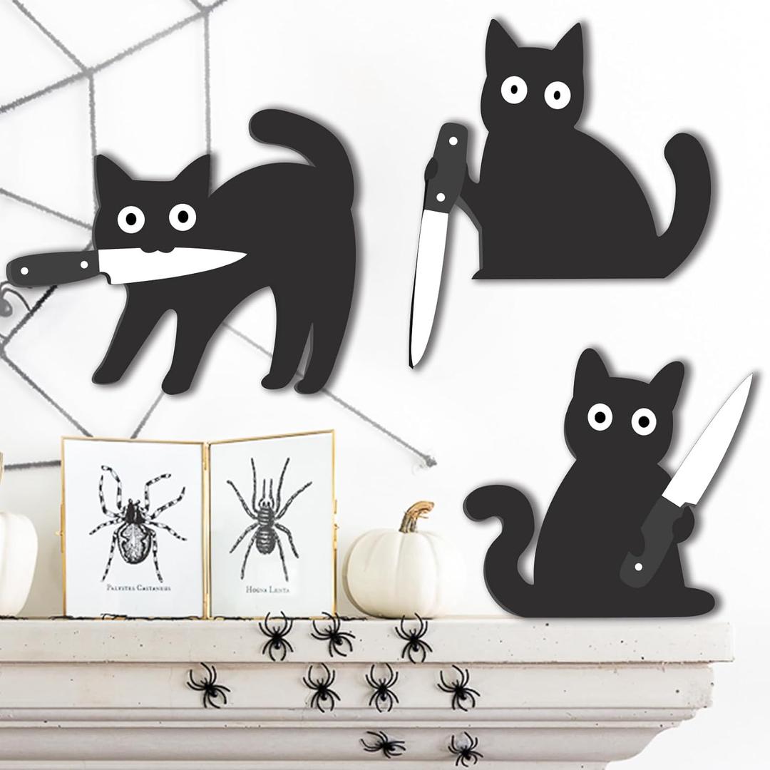 Black Cat Door Decor - A three-piece wooden black cat ornament set, the gift for cat lovers. Ideal for home, kitchen, and entryway party decorations.