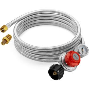 15FT High Pressure Propane Regulator Hose with Gauge, 0~30PSI Adjustable Propane Tank Regulator, Stainless Steel, Fit for Turkey FryerFish FryerPropane BurnerFire Pit, Forge, and More