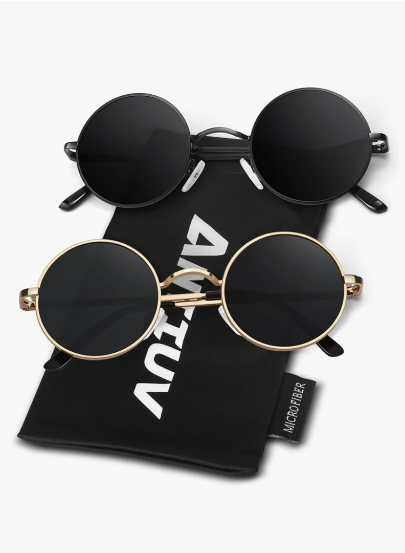 Round Polarized Sunglasses Men Women,Retro Metal Hippie Shades with 100% UV Protection