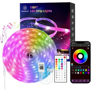 100 FT Outdoor LED strip lights (2 rolls of 50 FT), IP65 Waterproof, Music Synchronization RGB LED Light, With 44 Key Remote Control and Application, Used for Outdoor, Balcony, and Roof Decoration