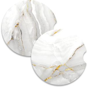 Nipichsha Car Coaster for Cup Holders, 2 Pack Absorbent Ceramic Car Cup Holder Coaster for Drinks, Cute Auto Assecories for Women, Universal Size 2.56 in with Finger Notch & Cork Base, White Marble