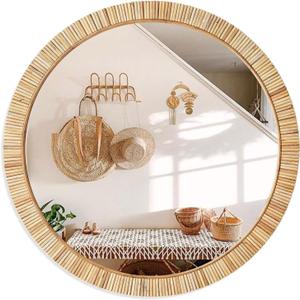 Decorative Rattan Wall Mirror, Boho Bathroom Modern Makeup Mirror, Rustic Wall Bohemia Mirrors for Bedroom, Living Room, Vanity Versatile Farmhouse, Nursery, Bathroom, 24"x24", Round