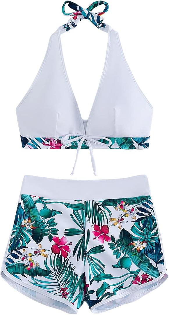 SHENHE Women's Summer 2 Piece Swimsuit Bikini Set Halter Tropical Bathing Suit Swimwear (Medium, White)