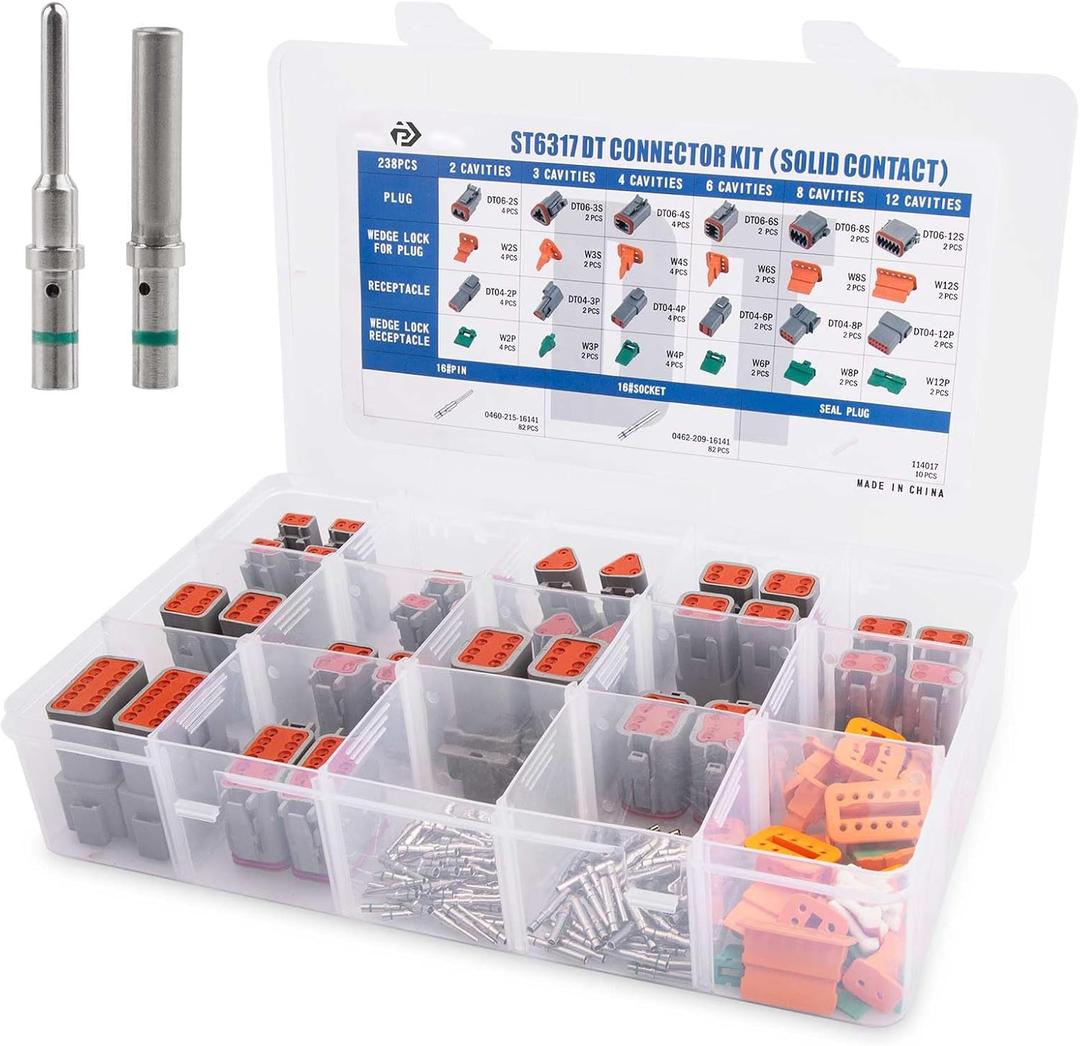 JRready 238PCS DT Connector Waterproofing Kit, 2-12 Pin Deutsch DT Connectors with 82 Pairs Size 16 Solid Contacts for Automotive & Marine Repair (ST6317)