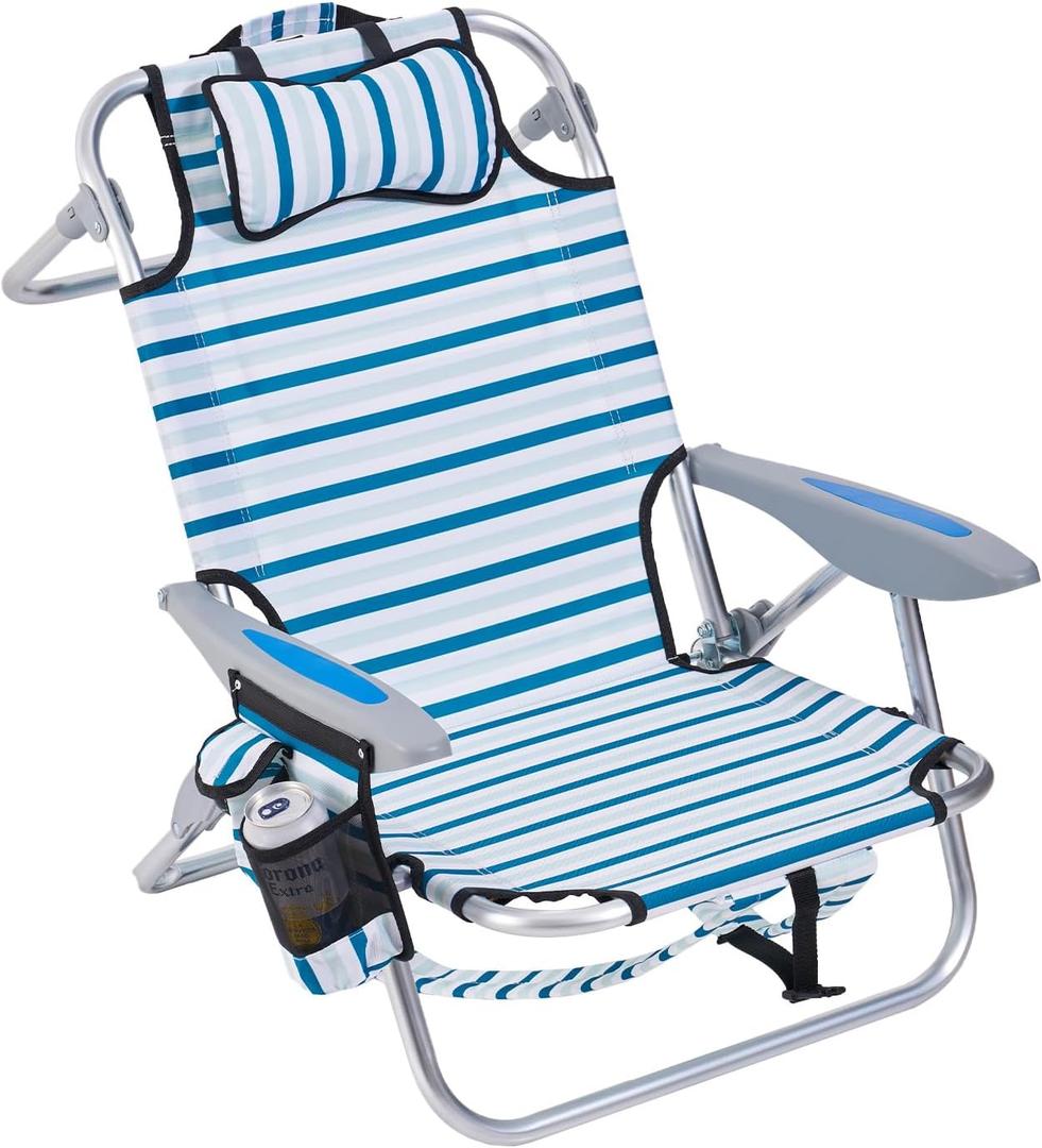 Portable Beach Chair for Adults, Outdoor Camping Chair Lay Flat Folding Backpack Beach Reclining Chair with 4 Positions, Headrest, Cooler Pouch, Cup Holder, White Striped