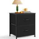 Nightstand, Small 2 Drawer Dresser End Table Bedside Furniture, Wooden Top Fabric Bins for Bedroom, Closet, Entryway, Dorm, 11.8" D x 18" W x 20", Black