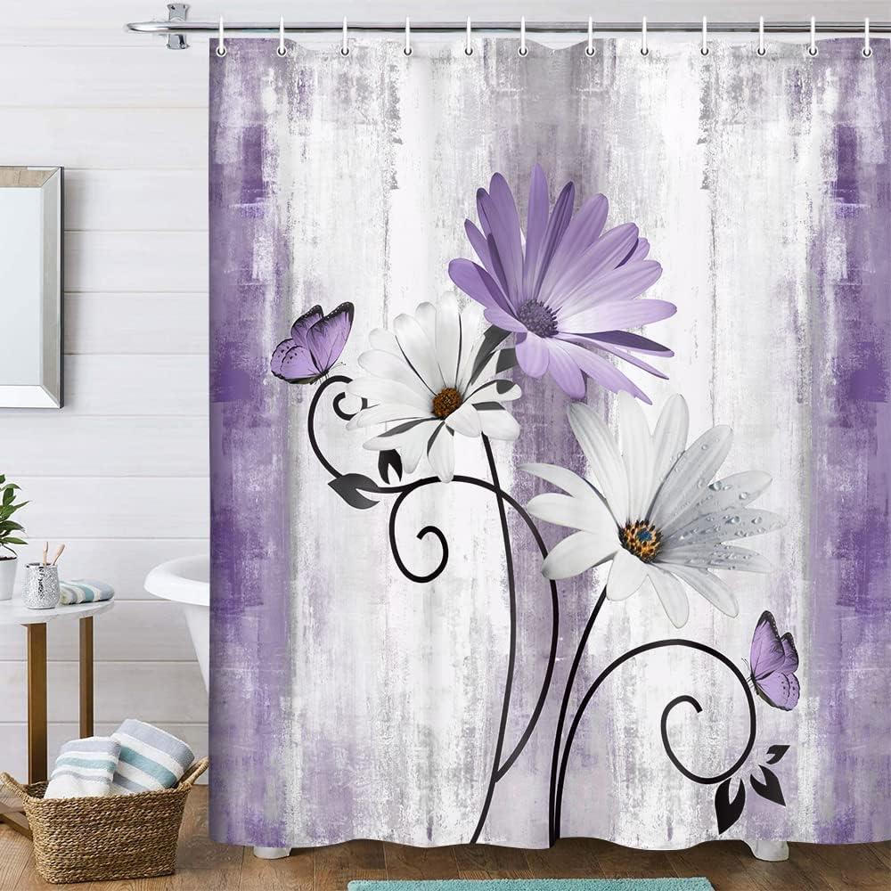 Rustic Farmhouse Shower Curtain, Farm Purple Daisy Floral Flowers and Butterfly on Country Wooden Shower Curtain for Bathroom, Violet Grey Bathroom Shower Curtains with 12PCS Hooks, 70X70IN