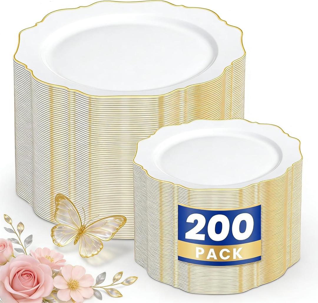 WDF 200PCS White and Gold Plastic Plates - Gold Plastic Plates - Include 100 Dinner & 100 Dessert Disposable Party Plate - Fancy Disposable Plate for Wedding/Baby Shower/Spring/Mother's Day