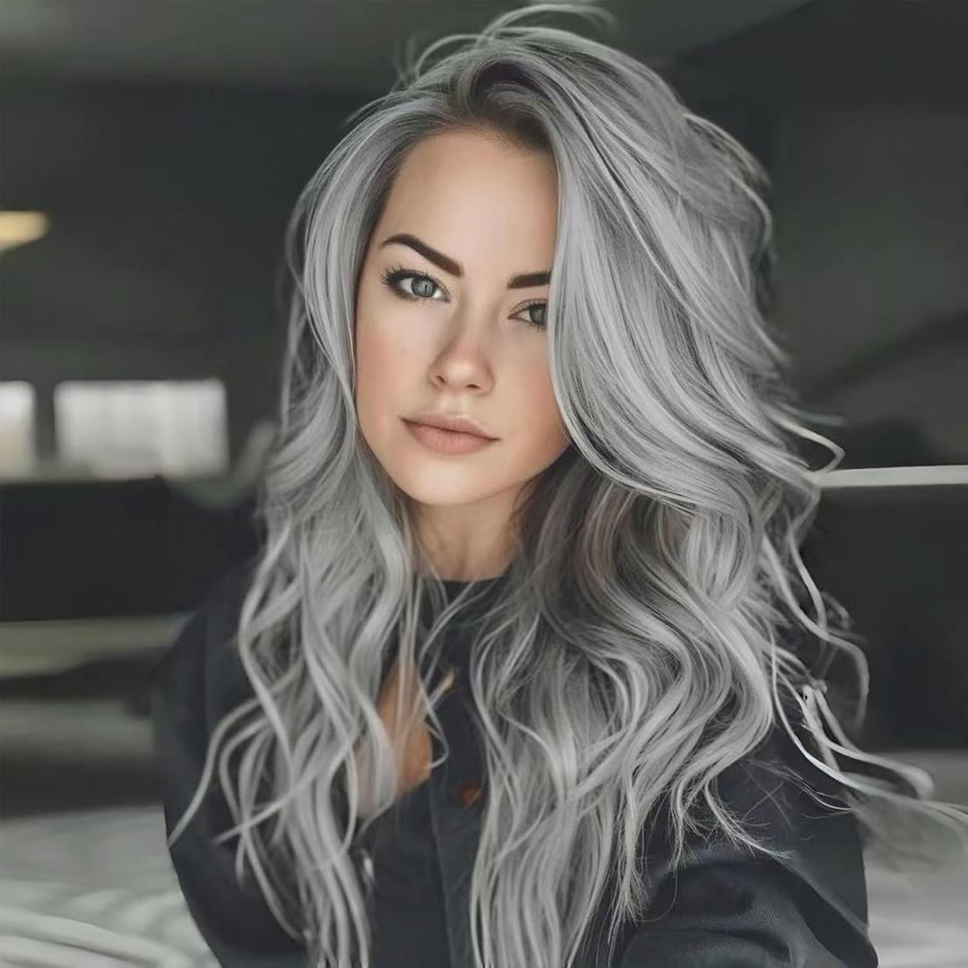 Aisaide Long Wavy Gray Layered Wig with Curtain Bangs for Women Synthetic Highlight Grey Layered Wavy Shaggy Gray Wigs for Women 24inch (Sliver Grey)