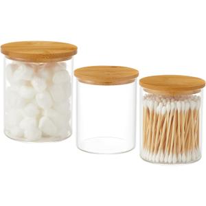 INIUNIK 3 Pack Glass Qtip Holder Dispenser, 20 oz and 11 oz Clear Glass Apothecary Jars, Bathroom Vanity Canisters Organizer Jars for Cotton Swabs, Balls, Rounds, Pads, Floss, Bath Salts