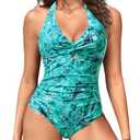 Tummy Control One Piece Swimsuits - Women Halter Bathing Suit 2025 Twist Front Cut Out Full Coverage Swimwear, XL