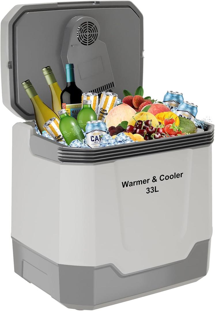 35 QT (33 L) Electric Cooler & Warmer, Portable Car Refrigerator With Automatic Locking Handle, 12V Car Cooler for Vehicle & Trucks, 110V AC Home Power Cord, Plug In Coolers, Grey