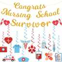 Nursing Nurse Graduation Decorations,Gold Glitter Nursing School Survivor Banner Sign with Hanging Swirls,Congrats RN/BSN Graduation Party Decor Supplies