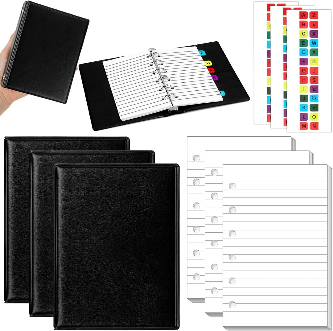 Engrowtic 3 Set Mini 6 Ring Binder 3 x 5 Inch 300 Paper Refill 78 Alphabet Dividers Small Index Tabs 3 Black PU Leather Binder Professional Ring Planner Notebook Kit(Lined)