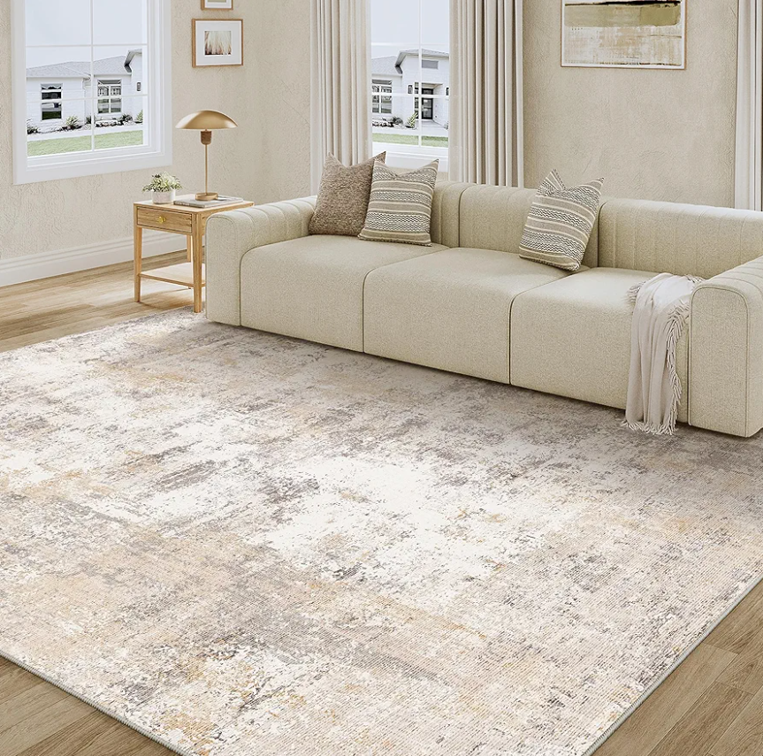 6x9 Washable Area Rug Beige Grey Abstract Living Room Bedroom Throw Rug Neutral Modern Non Slip Soft Low Pile Indoor Carpet for Dining Room Office Entryway