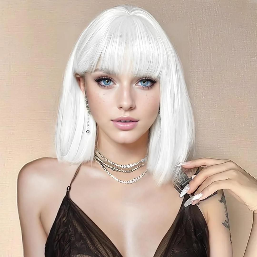 SUKRI White Bob Wig with Bangs Short Straight White Wigs for Women Silver White Bob Hair Wig for Party Cosplay Daily Use12Inch