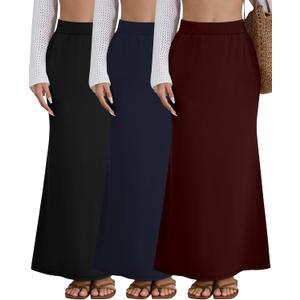 Riyiper 3 Pack Women's Maxi Skirts with Pockets Flowy Elastic High Waist Ankle Length Cotton Long Comfy Casual Dress Fall(Black, Navy Blue, Wine, X-Large)