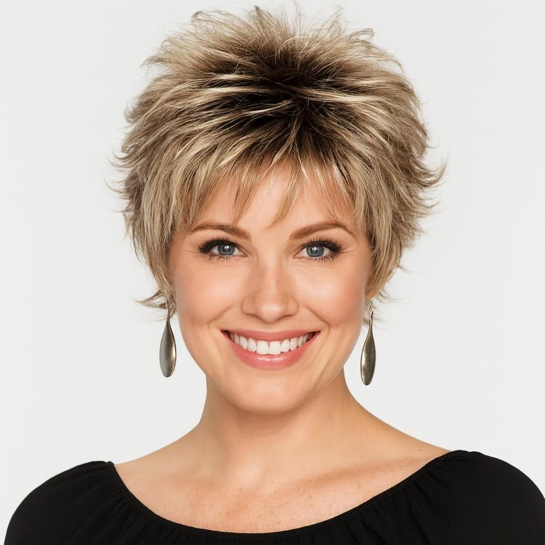 Layered Short Blonde Pixie Wigs for White Women Dark Brown Ombre Blonde Pixie Cut Wig with Bangs Synthetic Natural