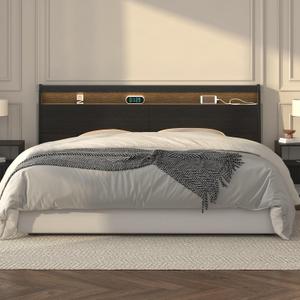 Wooden Headboard with Storage, USB Ports RGB Wall Mount (Black, Queen)