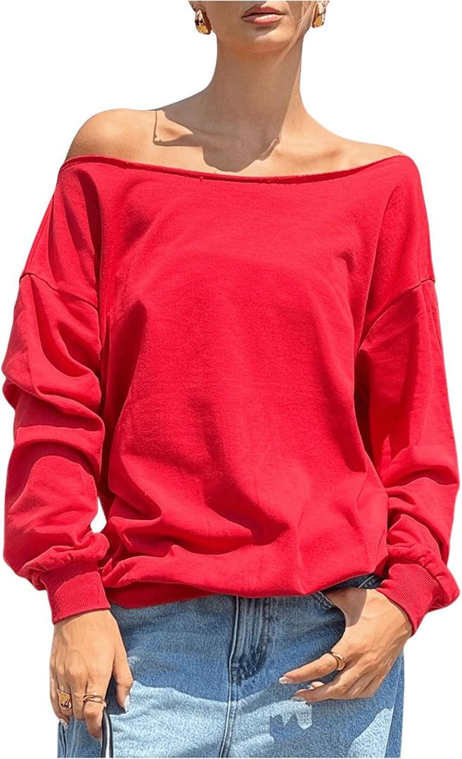Women's Off Shoulder Sweatshirt Long Sleeve Casual Pullovers Tops Basic Trendy Y2K Fall Clothes (Medium, Red)