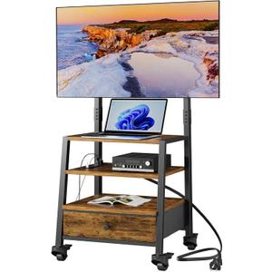 Rolling TV Stand with Mount and Fabric Drawer for 32-75" TV - Entertainment Center with Charging Station and Industrial TV Console Table for Living Room, Bedroom - Rustic Brown (19 in)