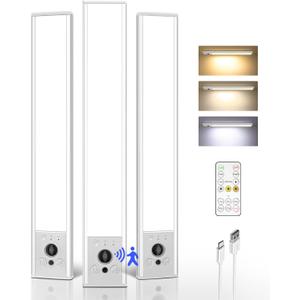 EZVALO 3-Pack Under Cabinet Lighting, 2400mAh Rechargeable Motion Sensor Light, 10inch Magnetic Closet Lights with Dimmable & 3 Color Temps, Wireless Motion Activated Lights with Remote for Kitchen