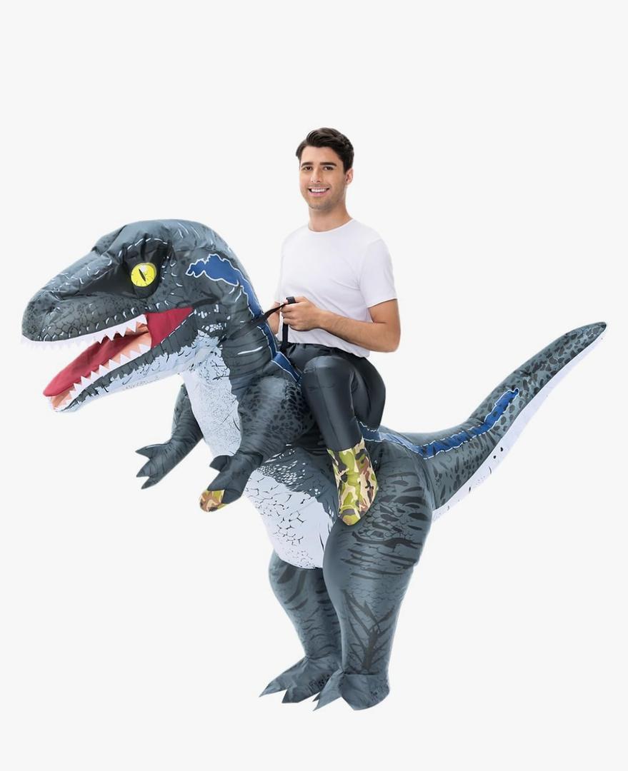 Inflatable Dinosaur Costume Adult Blow Up Velociraptor Funny Dino Raptor Suit Ride On T Rex Halloween Costume For Men Women Cosplay Party Grey
