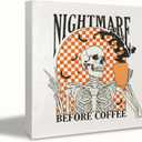 KEUSPI Funny Halloween Desk Wooden Sign,Skull Skeleton Coffee Wood Sign Plaque Decorative,Spooky Skeleton Gifts for Women,Halloween Coffee Bar Decor for Bar Kitchen bathroom 6x6 inch