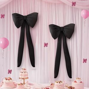 Black Bow Birthday Decorations Coquette Party Backdrop 4 Pcs Big Bow Themed Wall Decor for Room Large Door Bows Ormanents Giant Wedding Bachelorette Baby Shower Bridal Christmas Tree Decoration