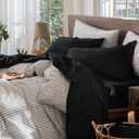 MooMee Bedding Sheet Set 100% Washed Cotton Linen Like Textured Breathable Durable Soft Comfy (Solid Black, Queen)