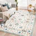 MUJOO 5x7 Area Rugs,Washable Rugs for Living Room Bedroom Bedside,Blue Boho Non Slip Carpet Indoor,Vintage Soft Teal and Pink Floral Rug