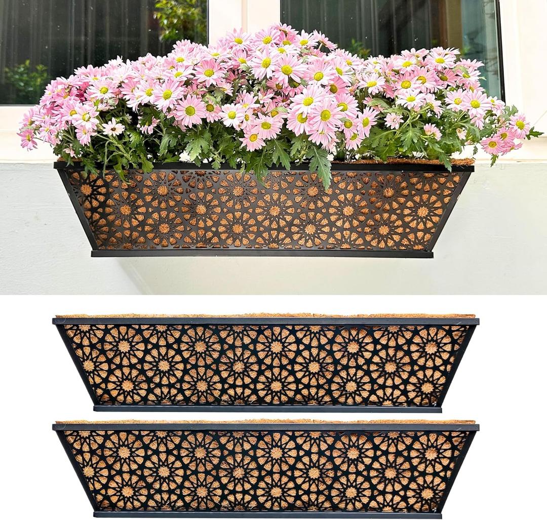 Maxona Wall Planter, 2 Pack, 24 Inch Railing Hanging Planter with Coco Liner for Outdoor, Metal Balcony Garden Plant Basket Deck Rail Fence Window House Horse Trough Porch