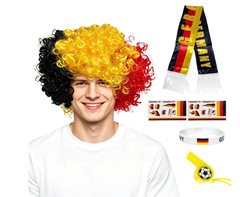 Wildarms Germany Soccer Fan Accessories Kit 6PCS with Wig, Scarf, Tattoos, Whistle & Wristband