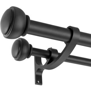 Matte Black Double Curtain Rods, Adjustable Double Rod Curtain Rods 28 to 48 Inch, Decorative Double Window Treatment Rods with Cap Finials, 1-Inch Front and 5/8 Inch Back Double Window Drapery Rod