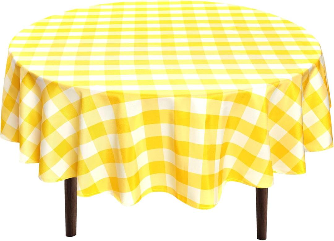 Hiasan Checkered Round Tablecloth 60 Inch - Waterproof & Wrinkle Resistant Washable Fabric Spring Table Cloth for Dining Room Party Outdoor Picnic, Yellow and White