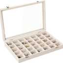 Frebeauty Velvet Jewelry Tray,35 Grid Jewelry Organizer with Clear Lid,Earring Holder Organizer Case with Clasp,Drawer Insert for Rings Studs,13.8 x 9.5 x 2 Inches,Gift for Women Girls(Beige)