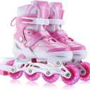 Adjustable Inline Skates for Girls Boys Beginners, Kids Roller Skates with All Illuminating Wheels (Medium-Big Kids(1-4 US), Pink)
