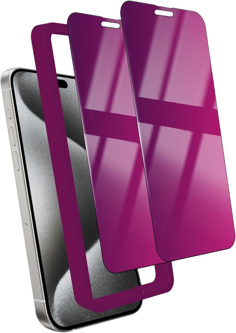 Privacy Screen Protector for iPhone 15 Pro Max, 9H Tempered Glass [Gradient-Purple] [Easy Installation Frame] [Anti-Blue Light] Private 15 ProMax 6.7''-2 Pack, Bubble Free