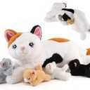 5 Piece Cat Stuffed Animal Set - Mommy Cat with 4 Kittens - Plush Kitty Toys for Kids Age 3-8, Perfect for Gifts (White)
