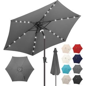FLAME&SHADE 10ft Solar Outdoor Umbrella - 24 LED Lighted Patio Umbrella with Centre Surround Light, Table Umbrellas with Tilt & Crank for Pool, Porch, Garden, Deck, Backyard UV Protection (Anthracite)