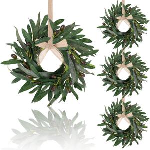 4 Pcs Artificial Green Olive Wreaths Greenery Wreath with Olive Leaves Mini Green Kitchen Cabinet Wreaths Swag Spring Summer Wreath for Front Door Porch Wall Window Farmhouse Wedding Decoration