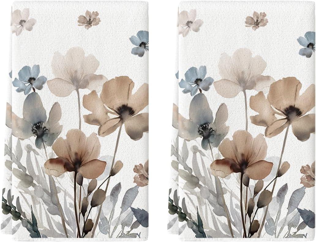 Artoid Mode Brown Poppy Floral Leaves Spring Kitchen Towels Dish Towels, 18x26 Inch Seasonal Summer Decoration Hand Towels Set of 2 (Beige)