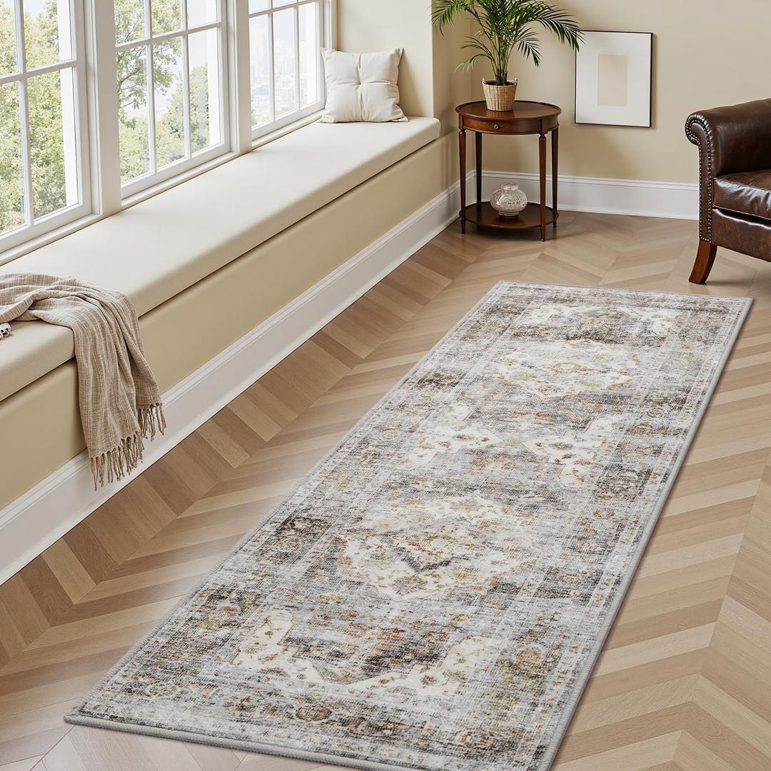 AMOAMI-2X6 Runner Rug-Washable Runners for Hallways-Soft Non Slip Bedside Rugs for Bedroom-Vintage Long Rug for Hallways Entryway Laundry Room Stair Kitchen Bathroom Beige
