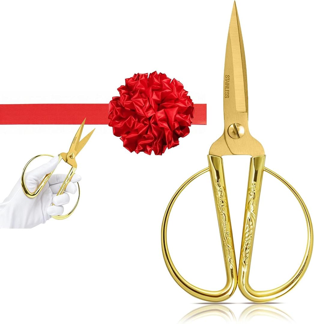 Grand Opening Ribbon-Cutting Ceremony Kit Includes Gold Scissors, Flower Ball, Red Ribbon & White Gloves,Suitable for all ribbon-cutting and inauguration ceremonies (Embossed Handle)