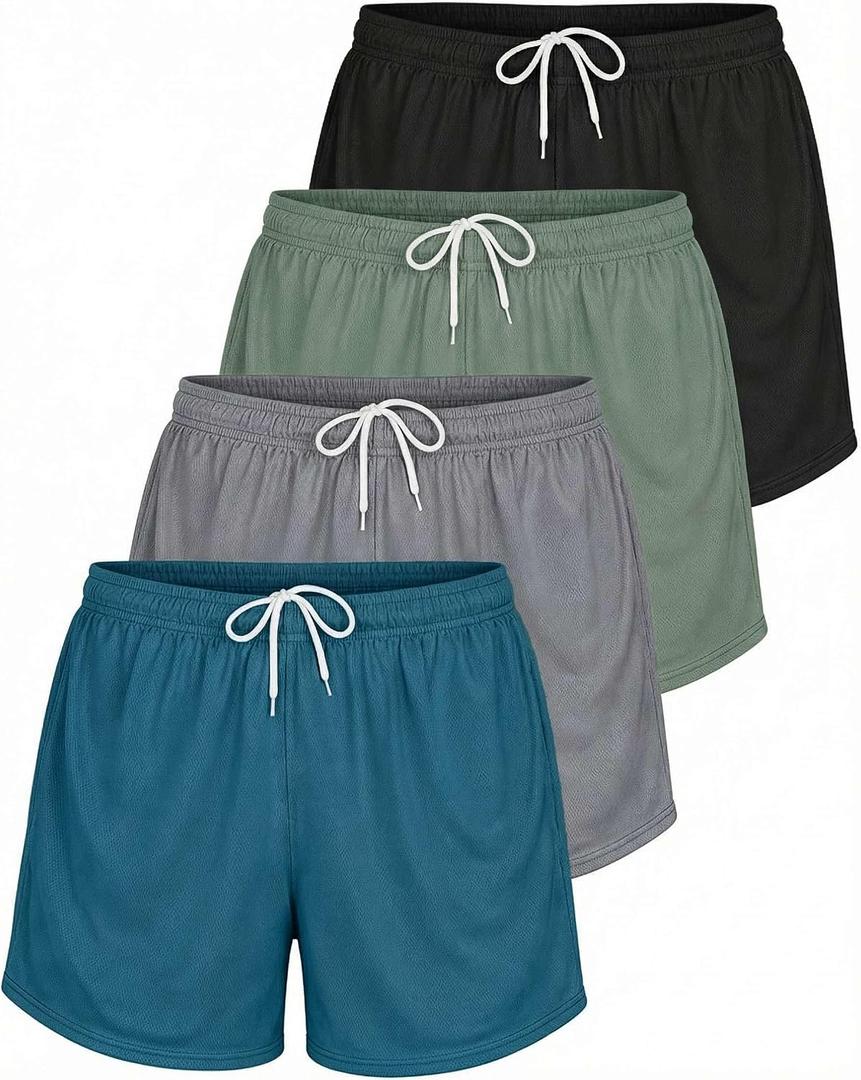 Real Essentials 4 Pack: Womens Active Athletic Performance Mesh Shorts with Pockets (Green, L)