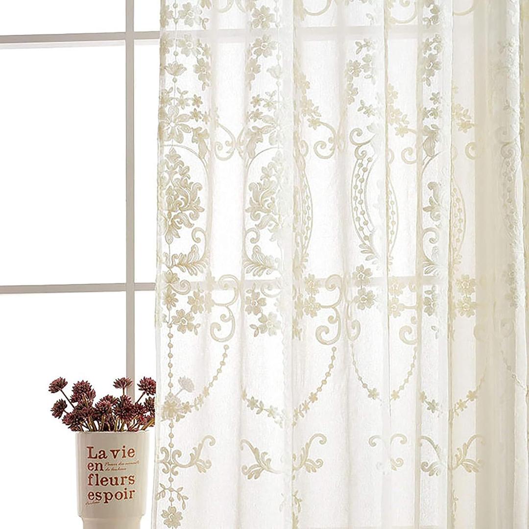 SLOW SOUL 2 Panels White European Style Sheer Curtain Embroidered Window Curtains Europe Floral Tulle for Living Room Bedroom with Rod Pocket White Curtains 2Pcs 60x54Inc