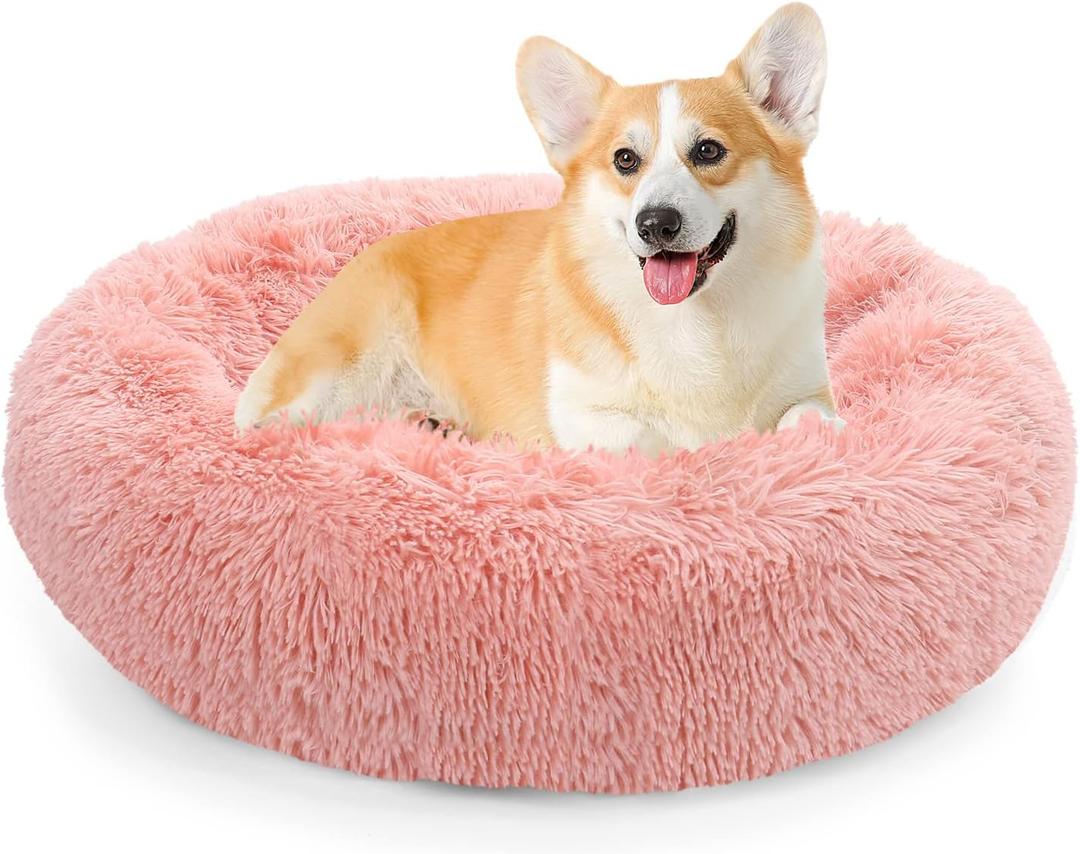 NOYAL Calming Donut Dog Bed for Small to Medium Dogs & Cats - Plush Faux Fur Anti-Anxiety Pet Bed with Machine Washable Cover & Non-Slip Base (Small 19.6'', Pink)