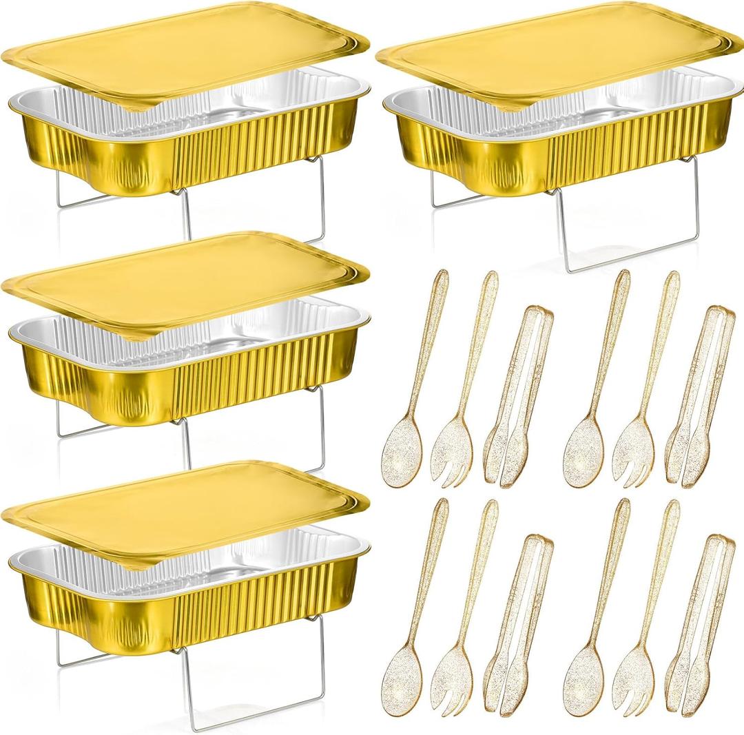 Maxcheck Disposable Chafing Dishes Buffet Set Chafer Wire Racks Buffet Stand Kit Dish Serving Trays Food Warmer Catering Supplies Included Serving Utensils and Stand(4 Sets,Large)