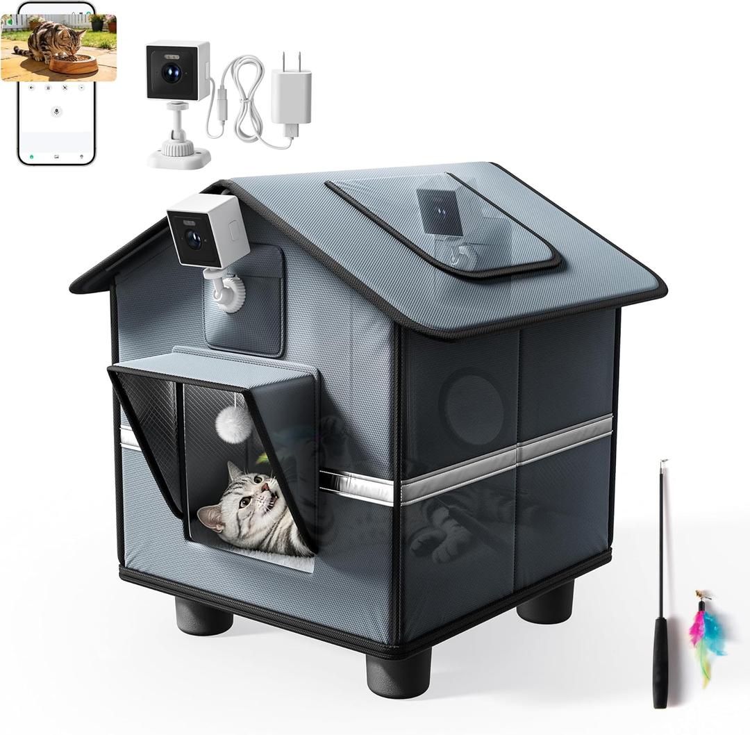 Outdoor Cat House with Camera (2K) for Single Cat up to 12lbs, Insulated Cat House Outdoor Weatherproof, Feral Cat Shelter with Dual-Mount Cam (View Inside or Out), Magnetic Door, Stakes & Cat Teaser (Live View Kit, Gray)